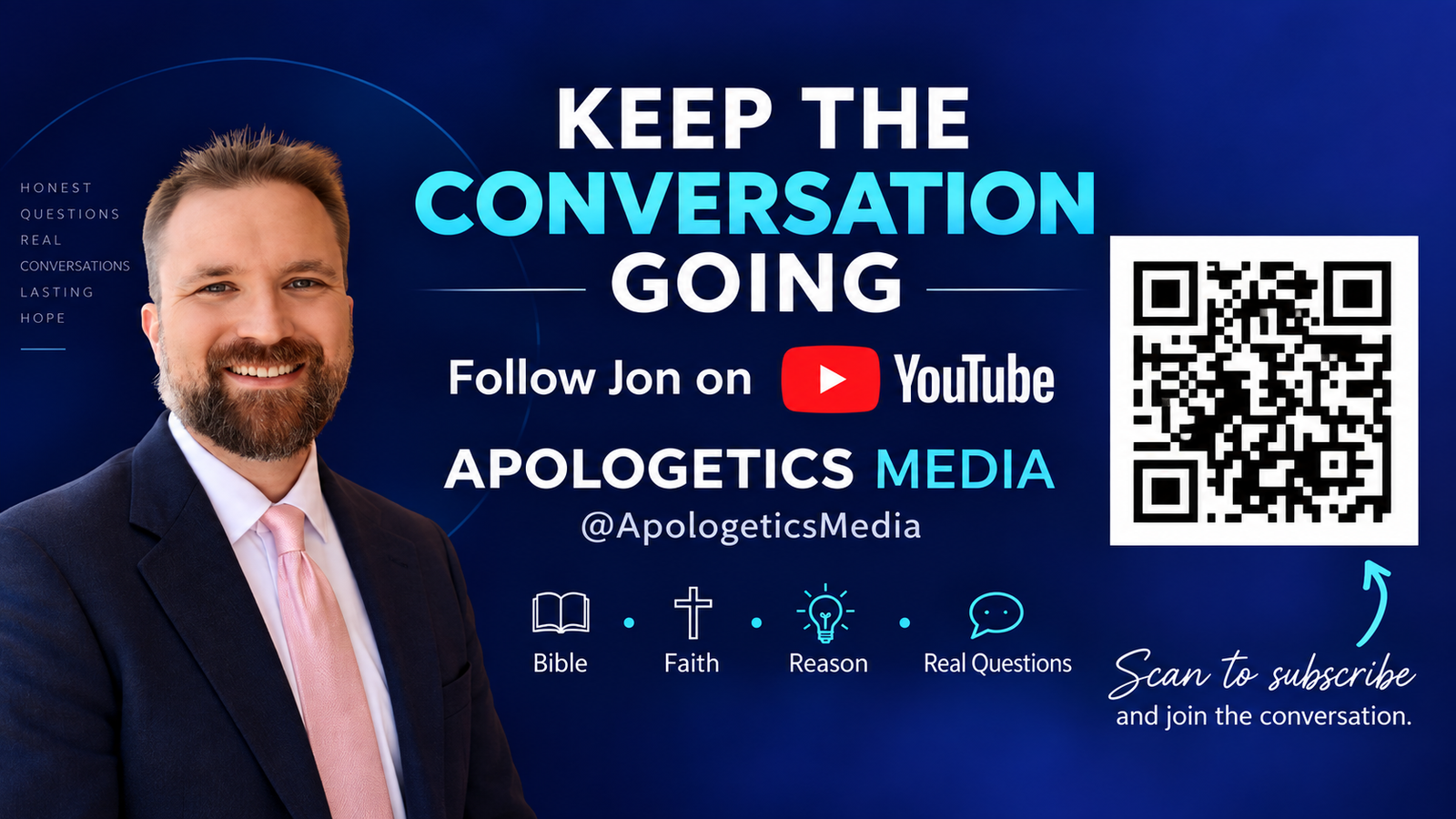 Jon Hiesberger promoting the Apologetics Media YouTube channel with a QR code to subscribe