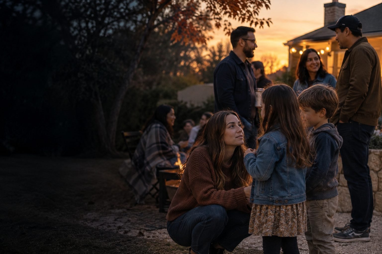 Adults and children sharing conversations at an outdoor gathering