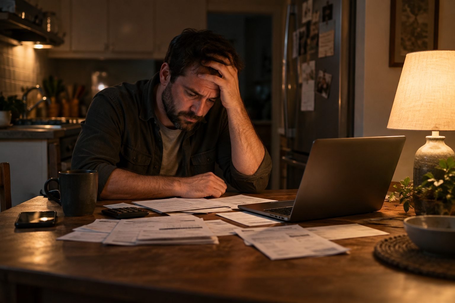 A man at his kitchen table feeling overwhelmed by bills, papers, and an open laptop