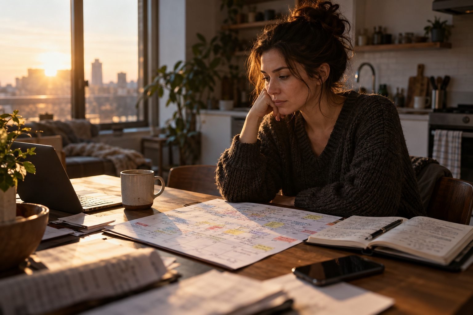 A woman at her kitchen table at sunrise reflecting over a busy calendar and notebook