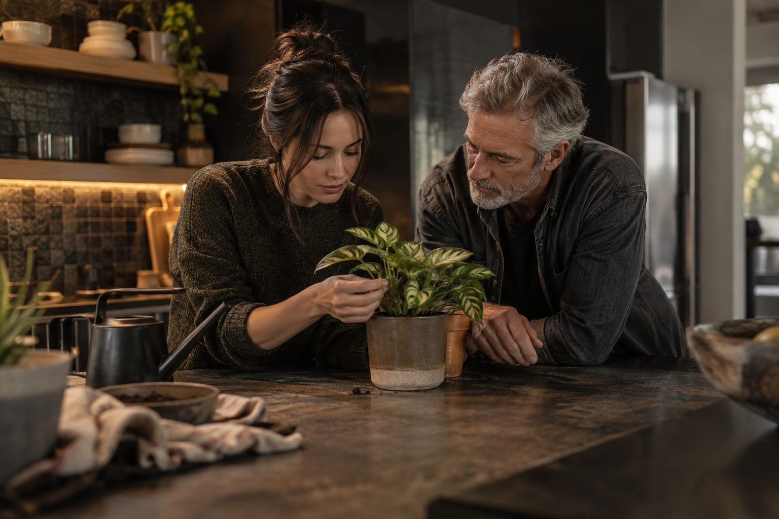 Two adults sharing a quiet moment while caring for a plant at a kitchen counter