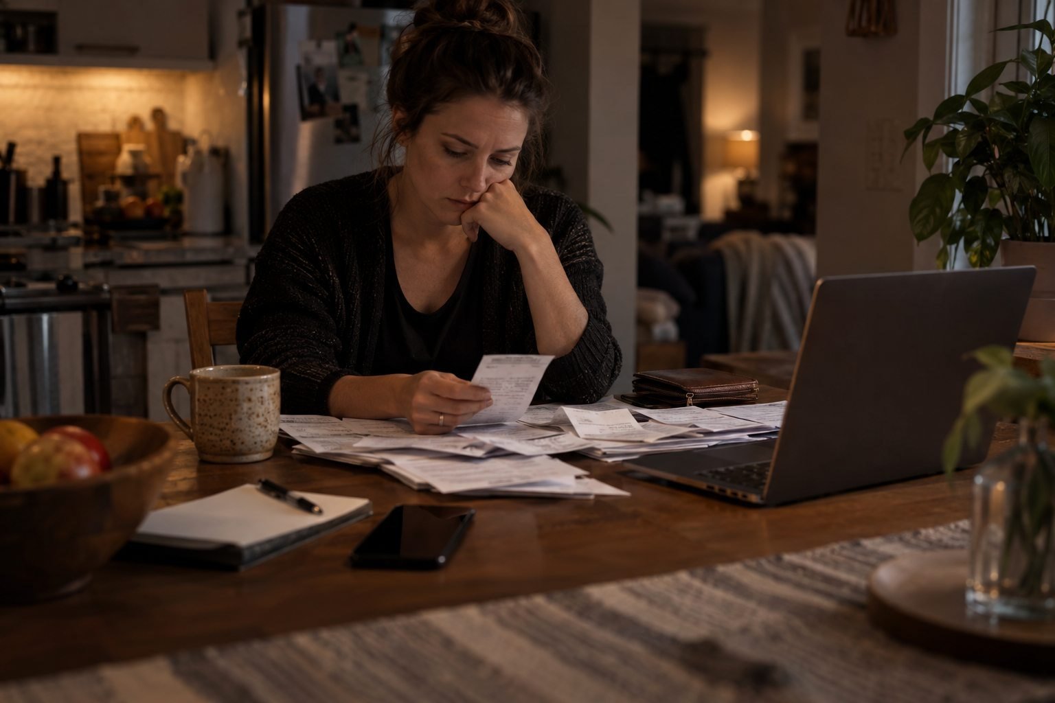 A woman at home considering bills and receipts with her laptop open