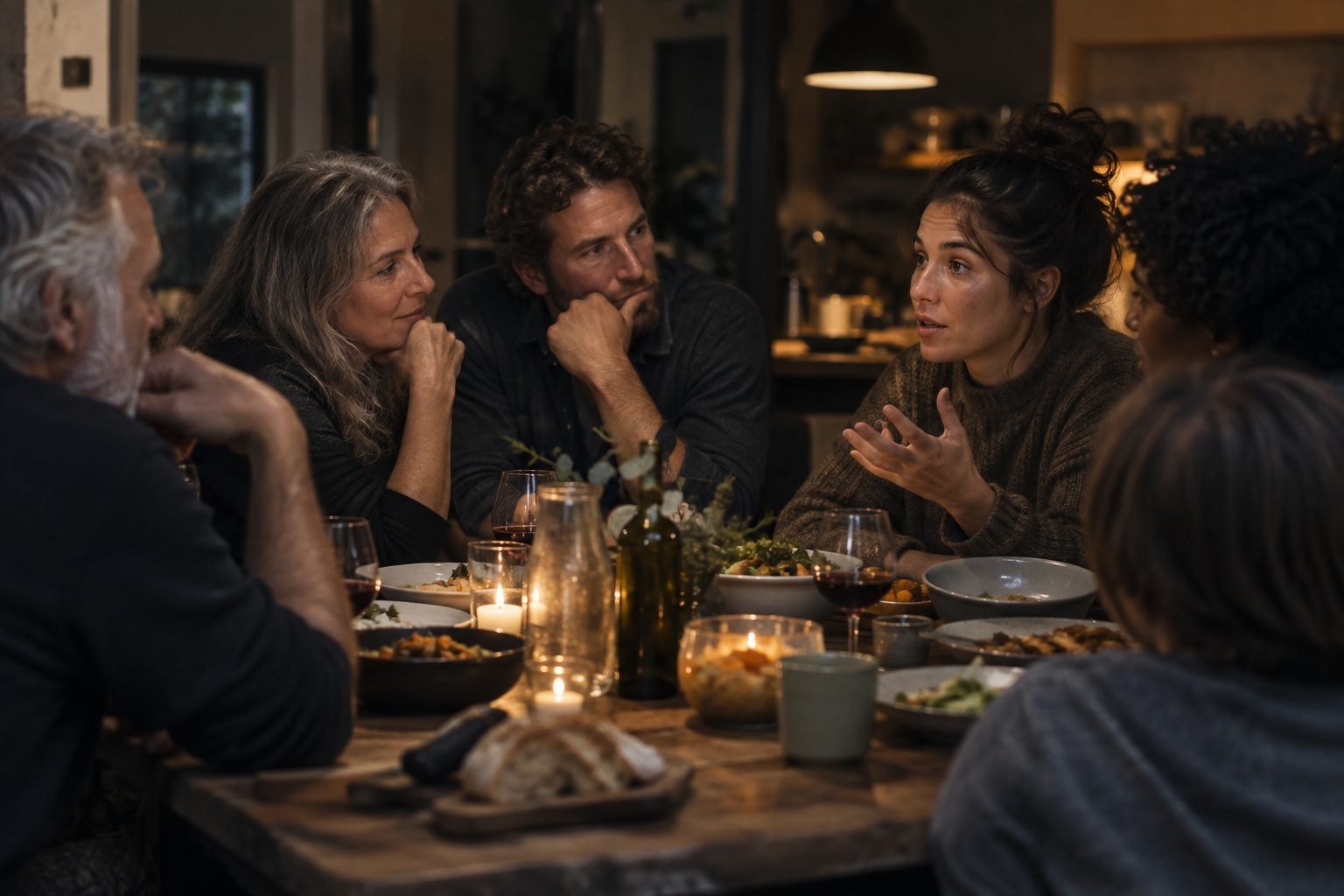 Family and friends listening to each other around a dinner table