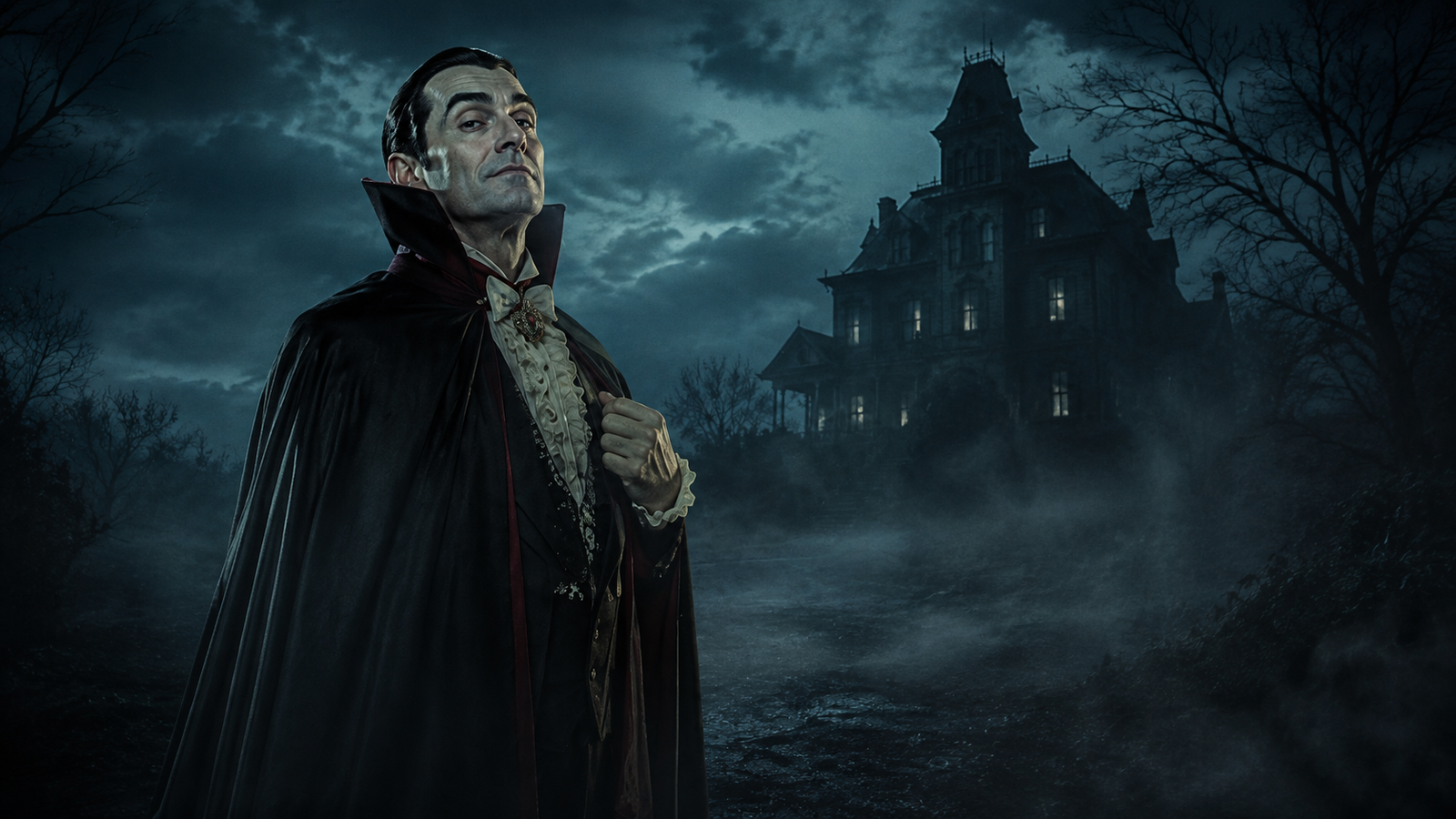 Vampire outside a haunted house