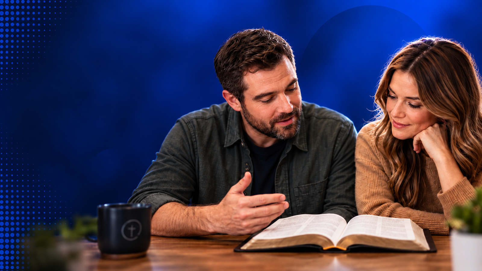 Friends in Allen, Texas reading and discussing an open Bible together