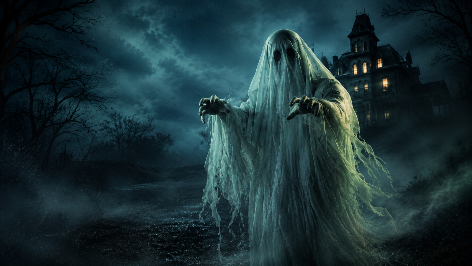 Ghost outside a haunted house
