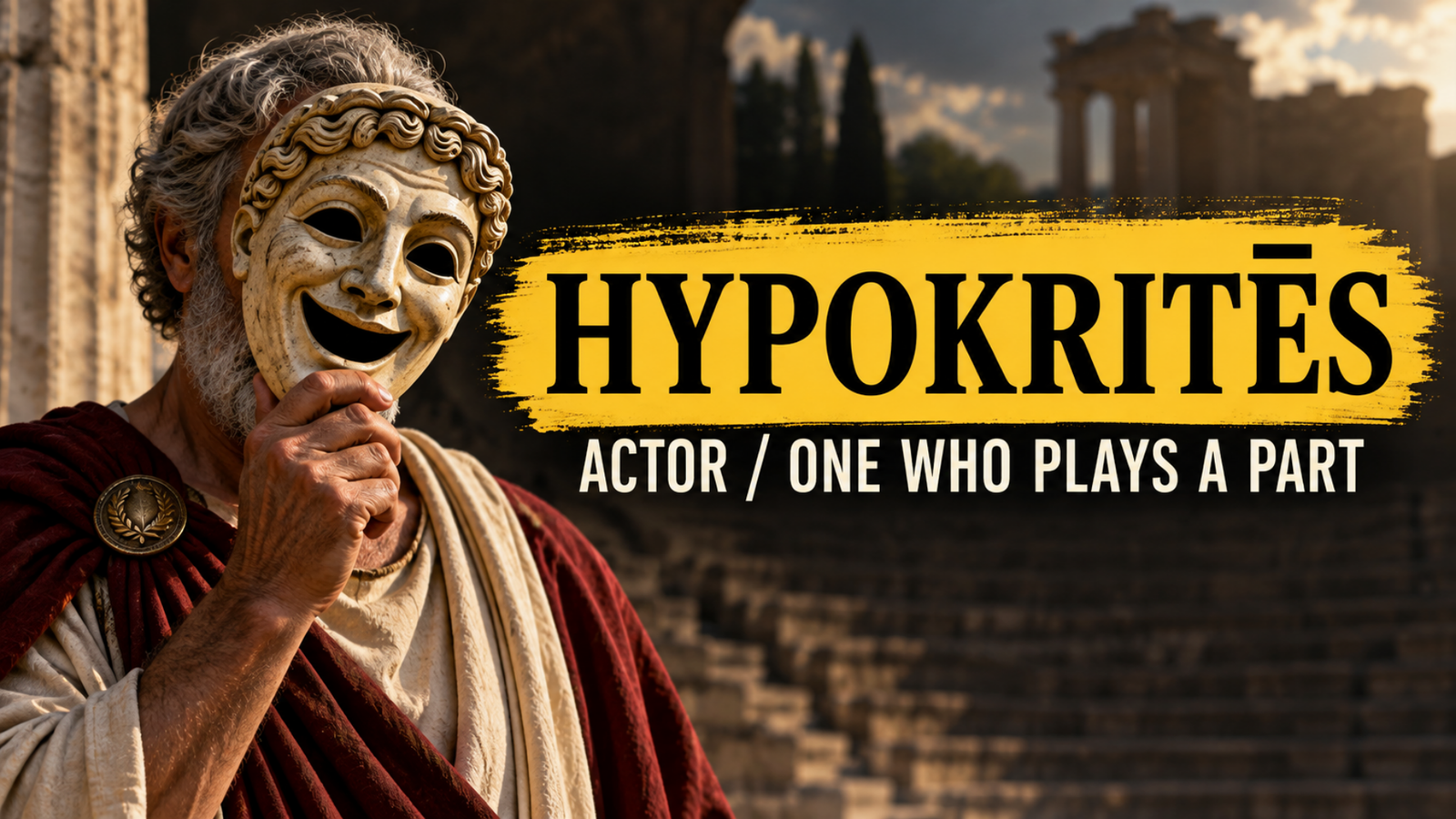 Ancient actor holding a mask illustrating the Greek word hypokrites, meaning actor or one who plays a part