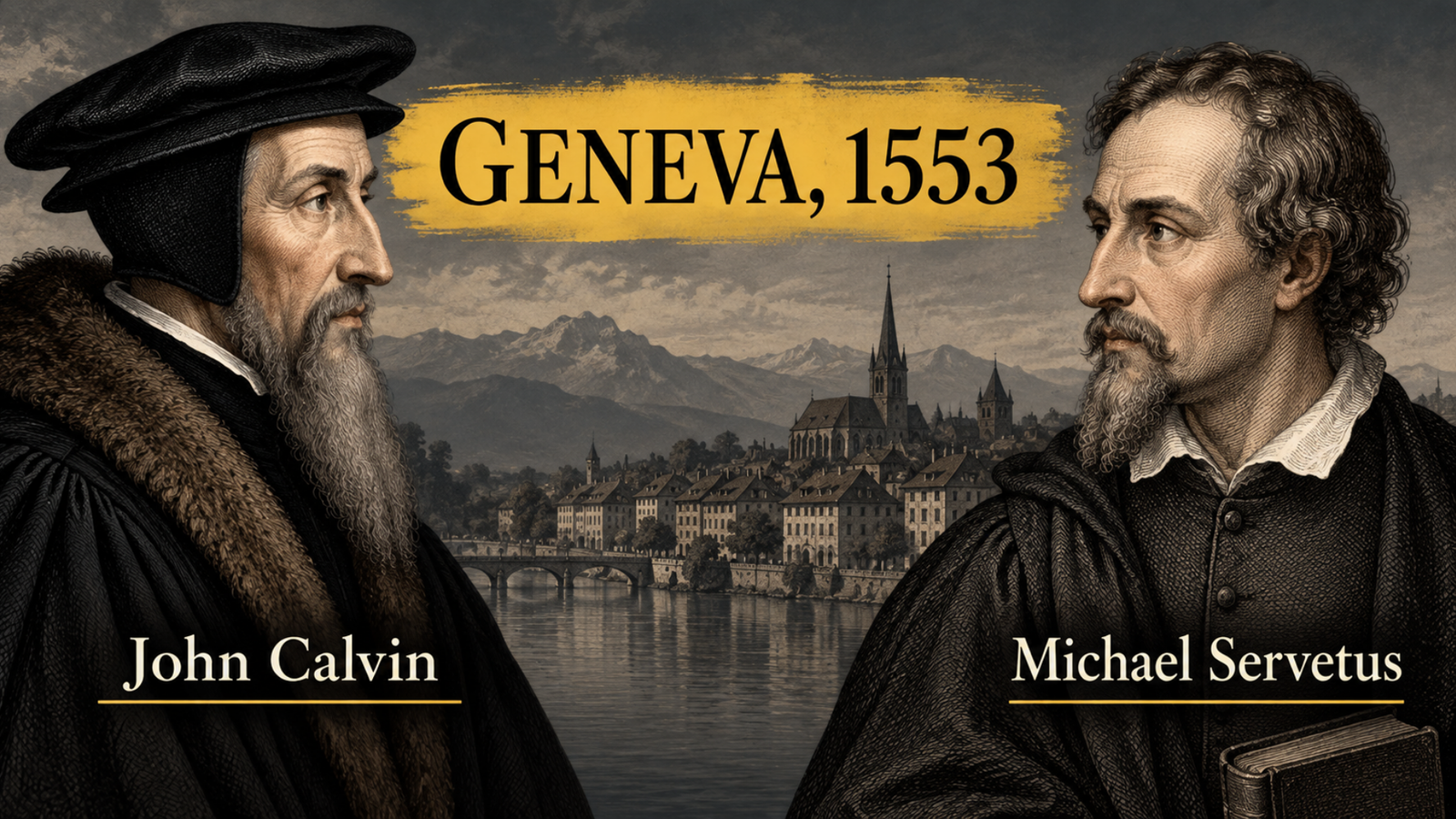 Artistic depiction of John Calvin and Michael Servetus in Geneva, 1553