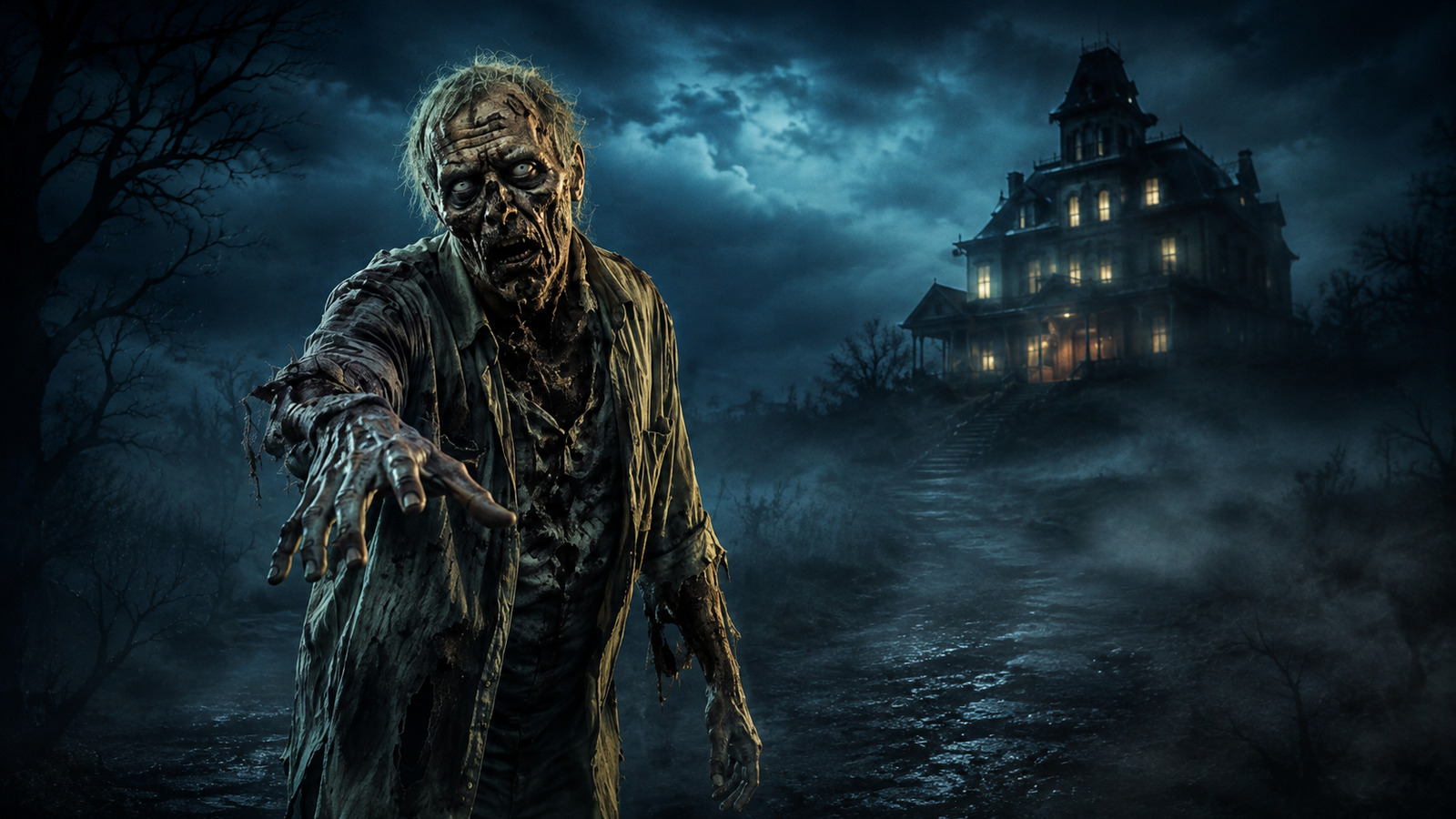 Zombie outside a haunted house