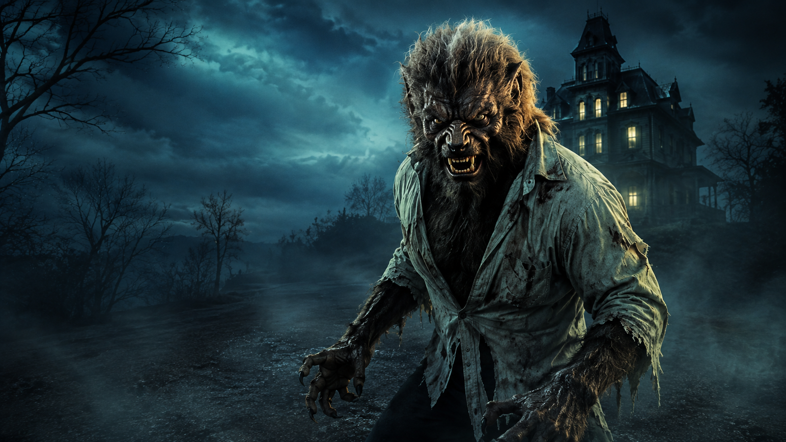 Werewolf outside a haunted house