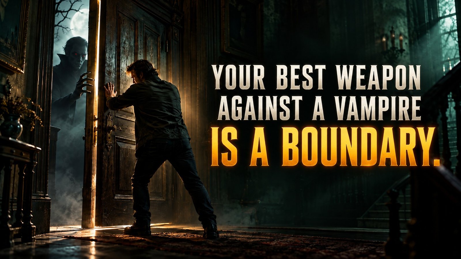 Illustration of a man holding a door shut against a vampire, with the words Your best weapon against a vampire is a boundary.