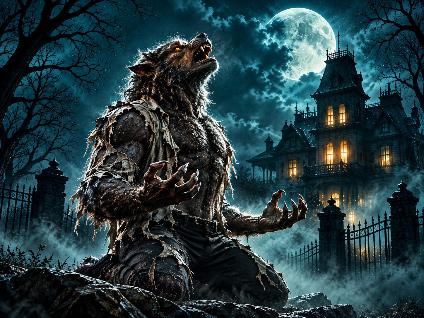 Werewolf outside a haunted mansion representing recurring temptation and harmful habits
