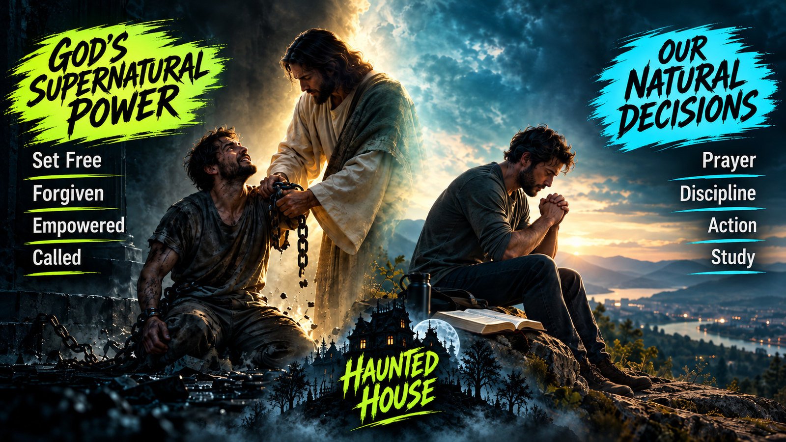 Illustration of Jesus freeing a chained person and a man praying, emphasizing God's power and our choices