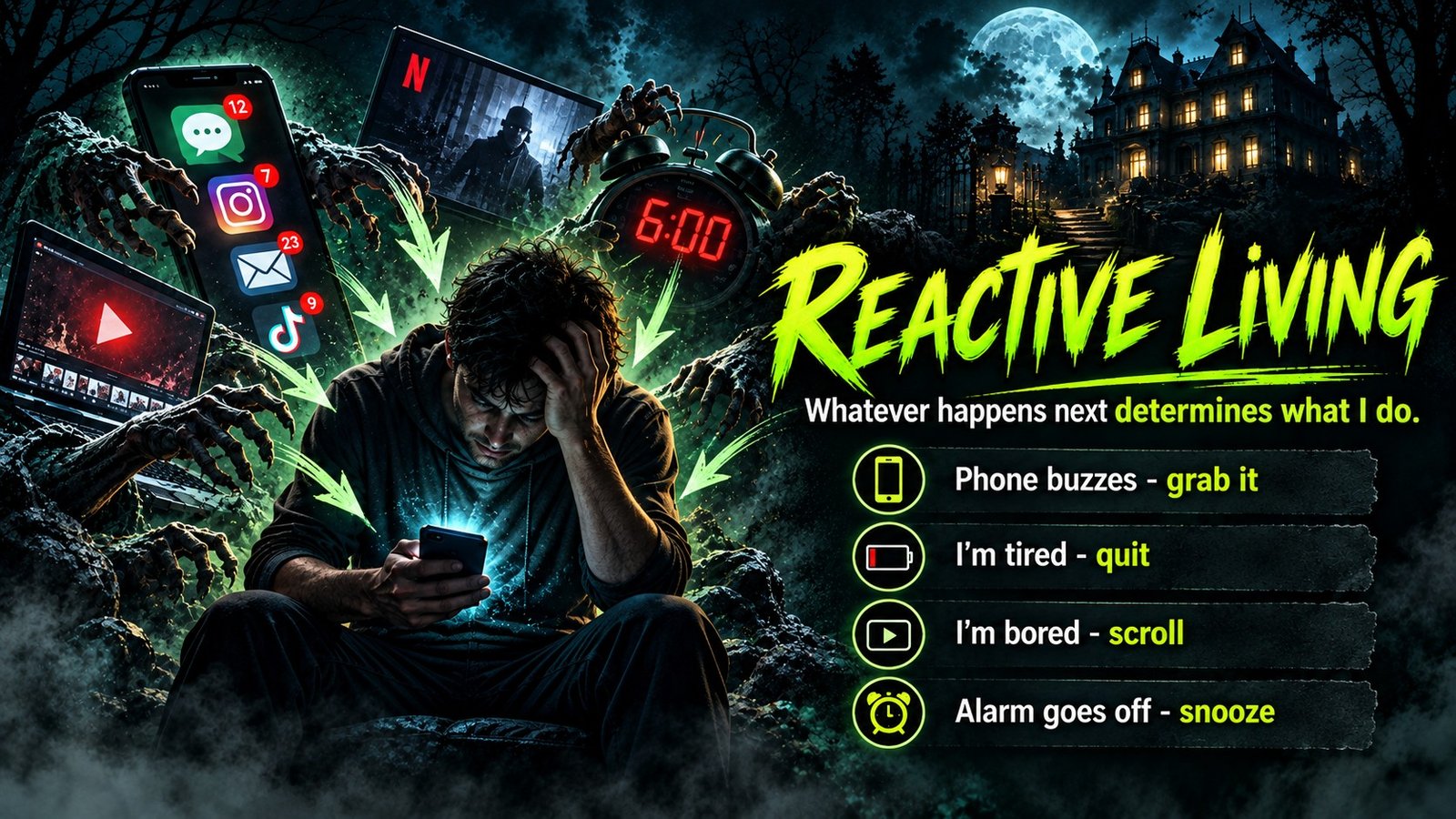 Reactive Living illustration: reacting to a phone, tiredness, boredom, and an alarm