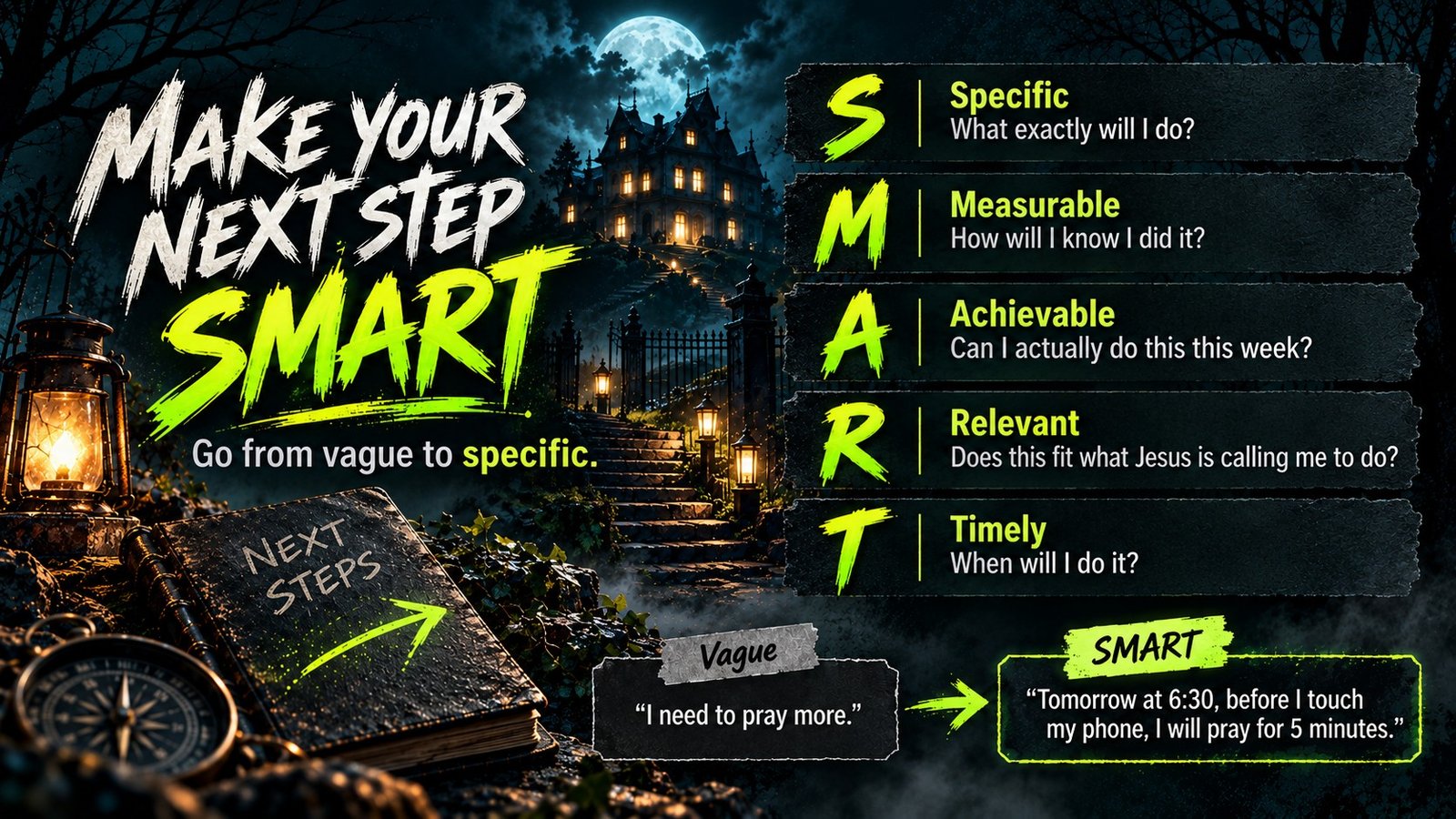 SMART Next Step graphic for making an intentional living goal specific and practical