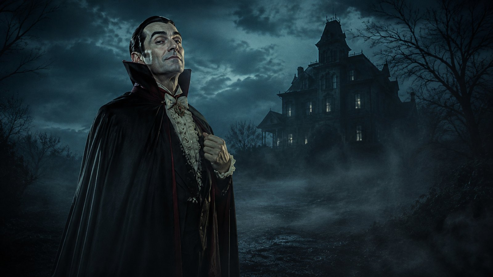 A classic vampire standing outside a misty mansion under a moonlit sky.