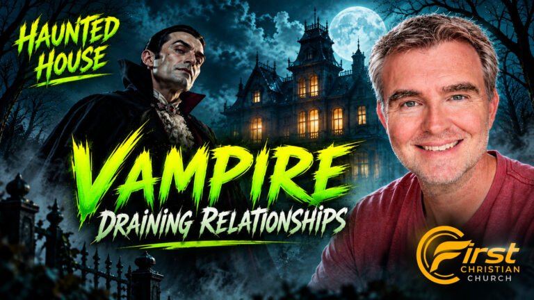 Pastor Chris Fluitt beside a vampire and moonlit mansion, with Vampire: Draining Relationships lettering and the First Christian Church logo.