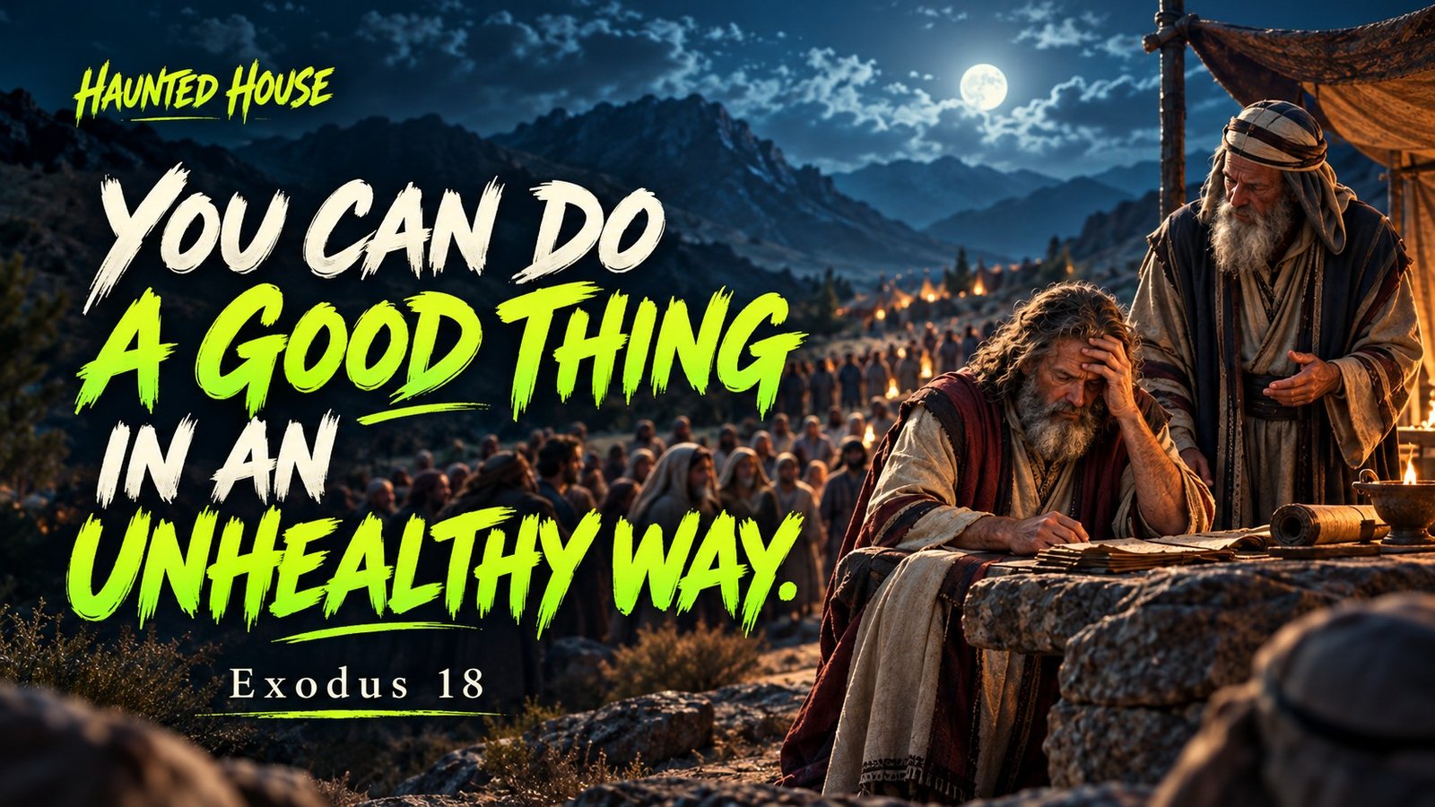 Illustration of Jethro advising a weary Moses, beside the words You can do a good thing in an unhealthy way and Exodus 18.