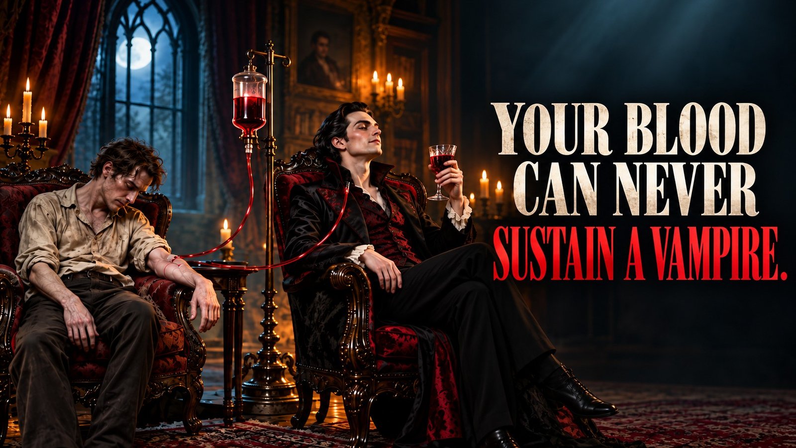 Illustration of an exhausted man beside a seated vampire, with the words Your blood can never sustain a vampire.