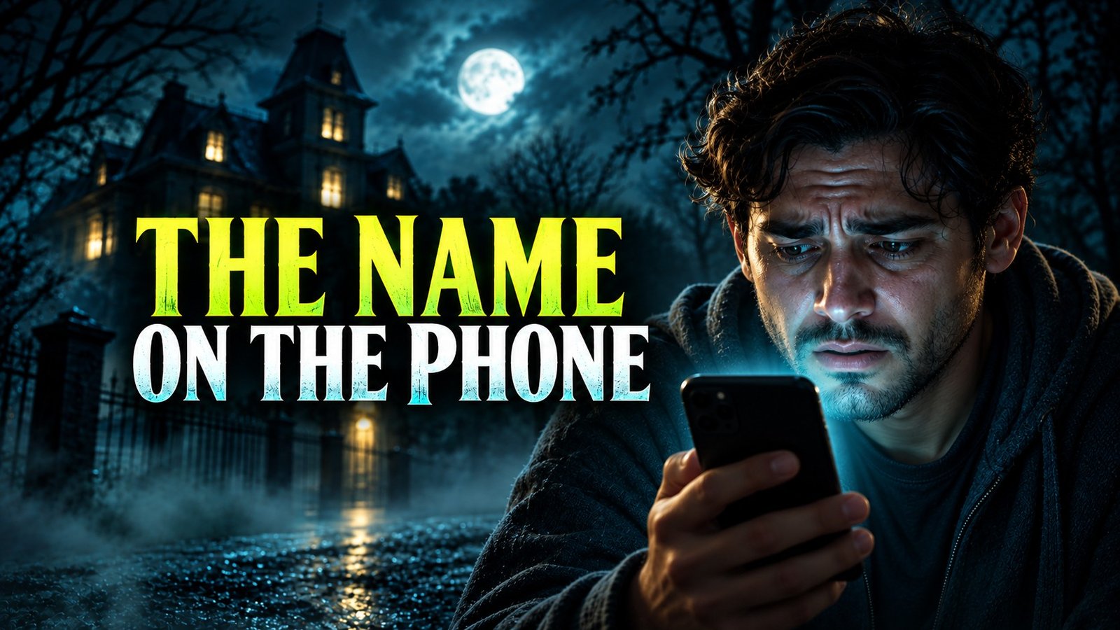 Illustration of a worried man looking at his phone beside a moonlit mansion, with the words The name on the phone.